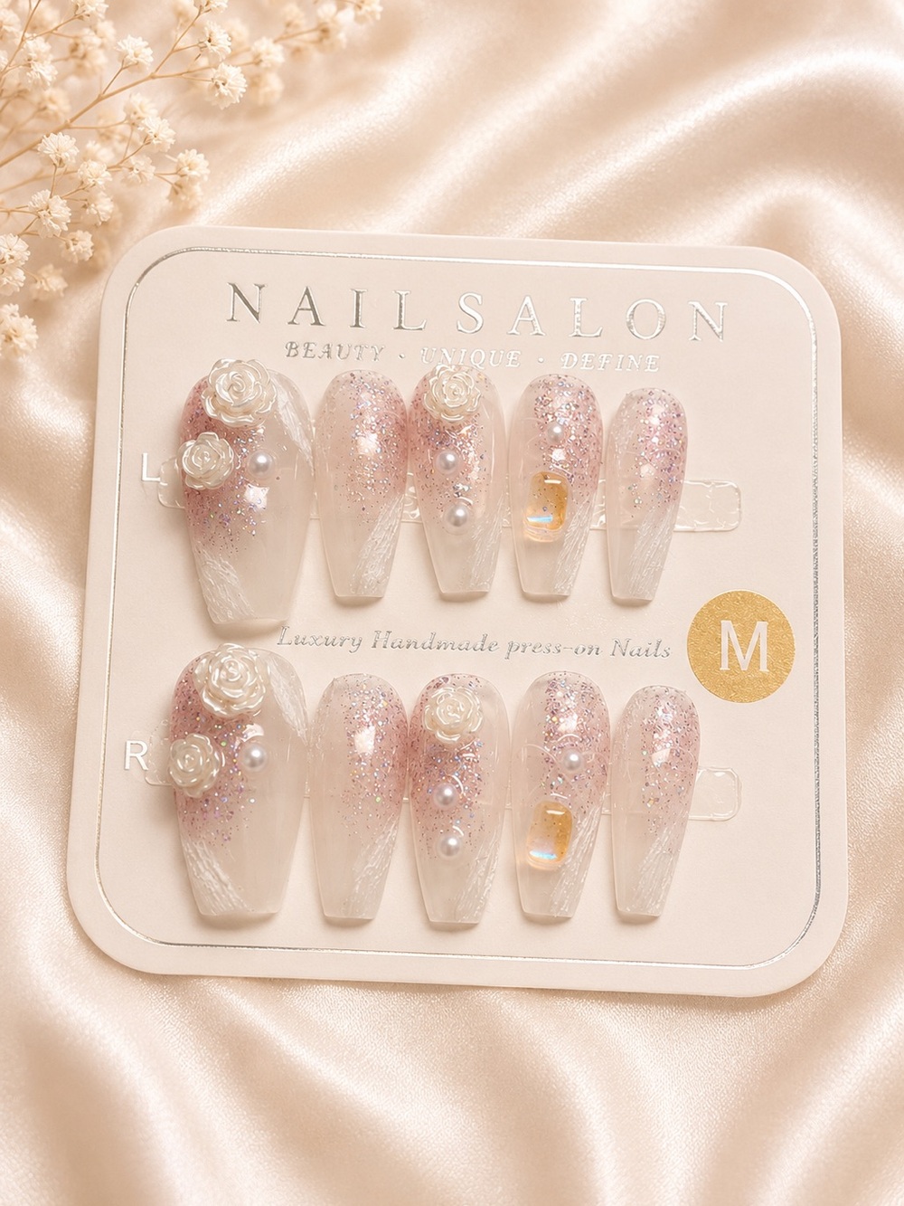 NAILSALON Pink Glitter Floral Press-On Nail Set size medium